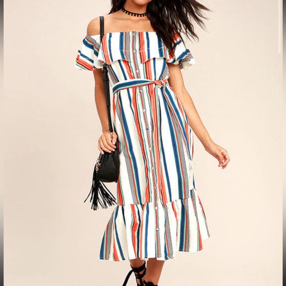 Moon River (Lulus) Off the Shoulder Linen Blend Striped Midi Dress